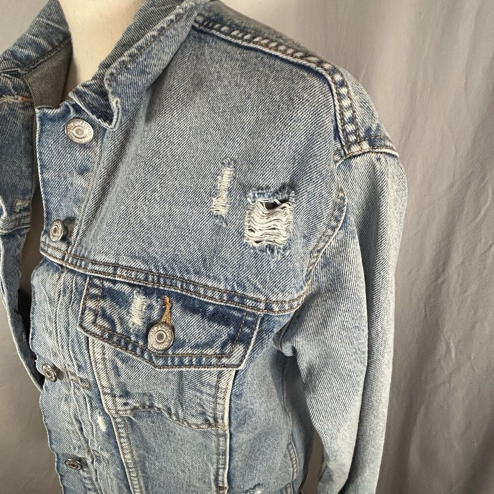 Old Navy Denim Jean Jacket Blue Distressed Cotton Trucker Western Women Med Tall - Picture 6 of 16